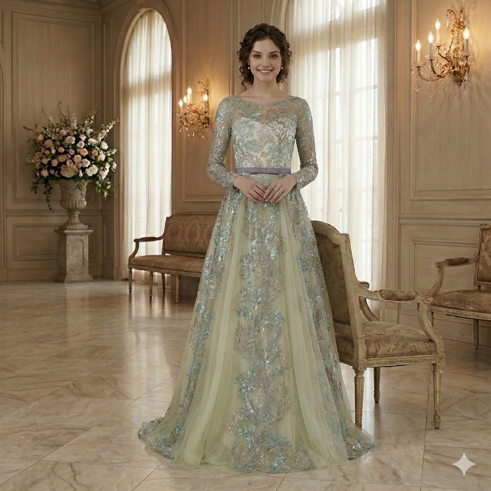 NWT Size 4 Rina diMontella Aqua & Multi Embroidered Botanical Gown - Picture 3 of 14
